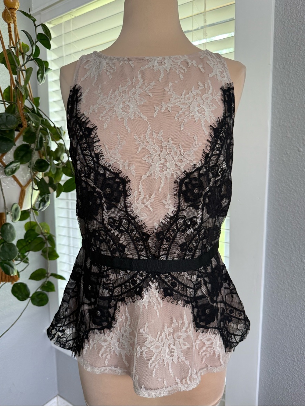 LOFT Lace Overlay Peplum Top in Black and Cream Size 2